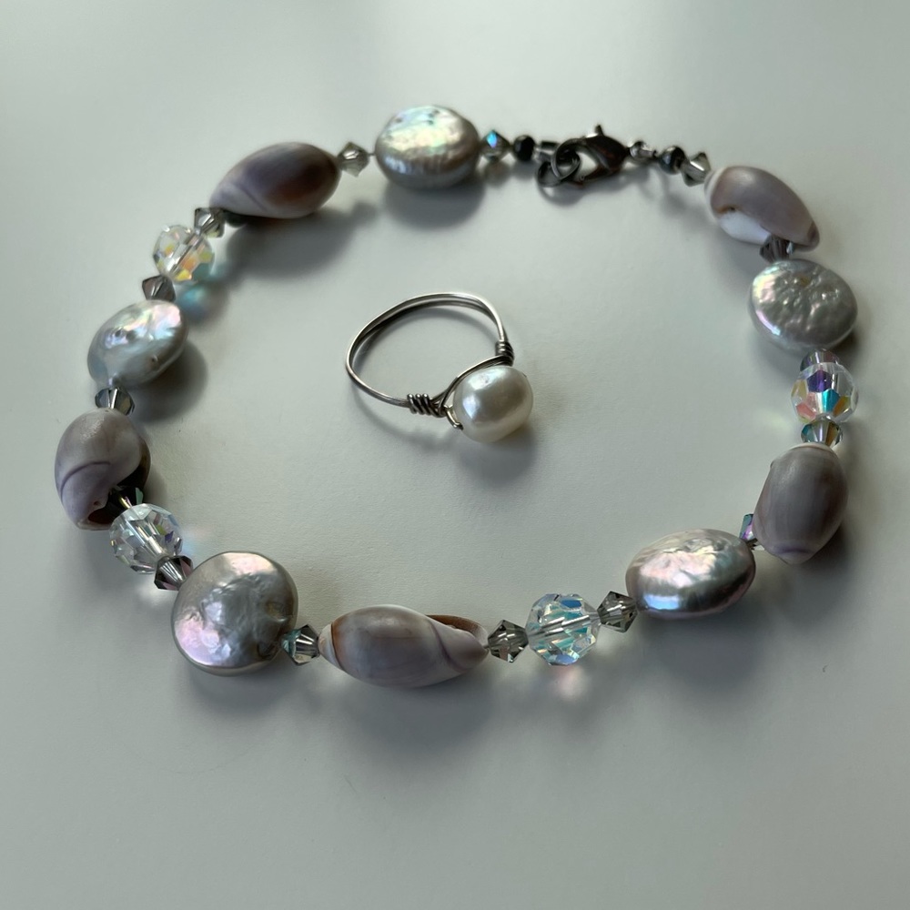 Handmade seashell anklet & pearl ring
